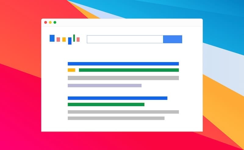 Illustration of a web browser window displaying a search engine results page, highlighting Online Reputation Management Costs, with a search bar at the top and colored lines for results. The background features bright, overlapping colors.