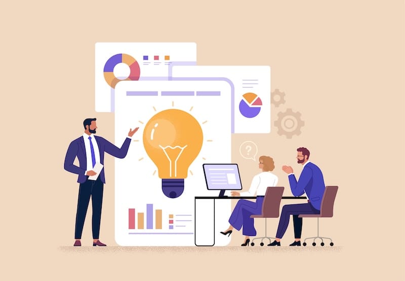 An illustrated man in a suit presents charts on Online Reputation Management Costs to two colleagues at desks; a large lightbulb and graphs in the background symbolize ideas, teamwork, and business strategy.