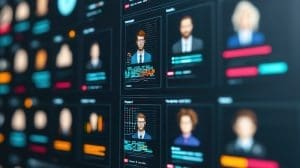 A digital screen displays multiple profile cards with avatars, text, and data charts—suggesting a database or user management interface that could showcase reputation management tips. The information appears in colorful, organized layouts.
