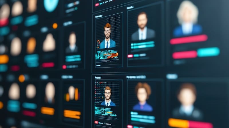 A digital screen displays multiple profile cards with avatars, text, and data charts—suggesting a database or user management interface that could showcase reputation management tips. The information appears in colorful, organized layouts.
