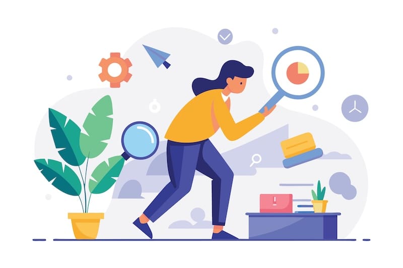 Illustration of a woman holding a magnifying glass, examining a pie chart—perfect for exploring reputation management tips. She stands by a table with books, a plant, and office supplies, set against abstract icons and shapes in the background.