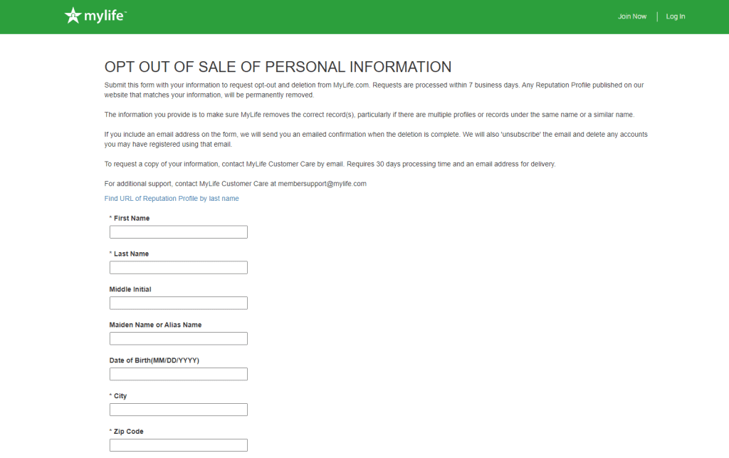 Opt out form for MyLife