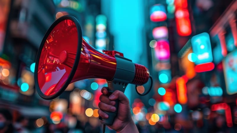 A hand holding a red megaphone is raised in a brightly lit city street at night, surrounded by colorful neon signs and blurred crowds—capturing the energy of protest and the power of speaking out, much like what is the Streisand effect in action.