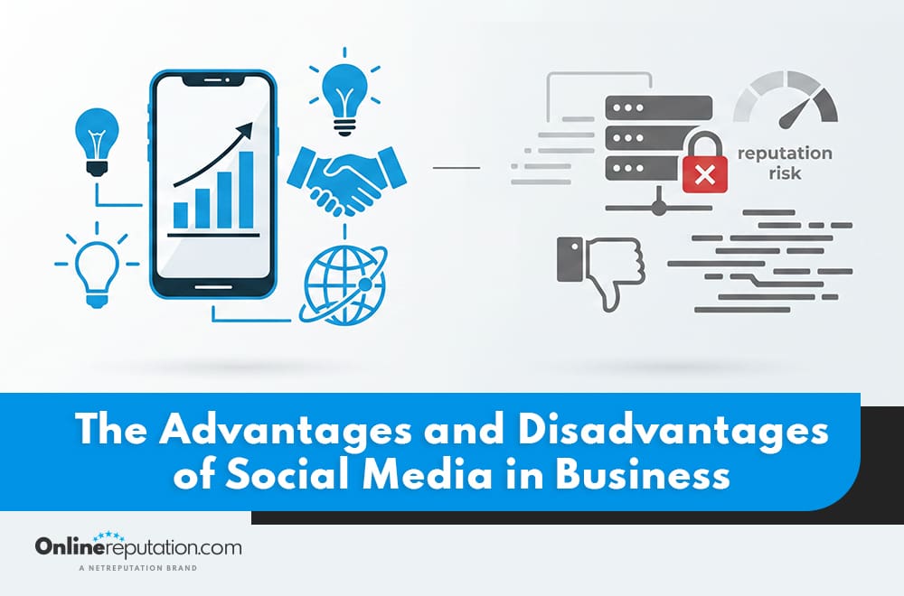 Graphic showing a smartphone with business icons, handshake, growth chart, and reputation risk. Text reads: "The Advantages and Disadvantages of Social Media in Business," highlighting key considerations such as the disadvantages of social media in business. OnlineReputation.com logo at the bottom.