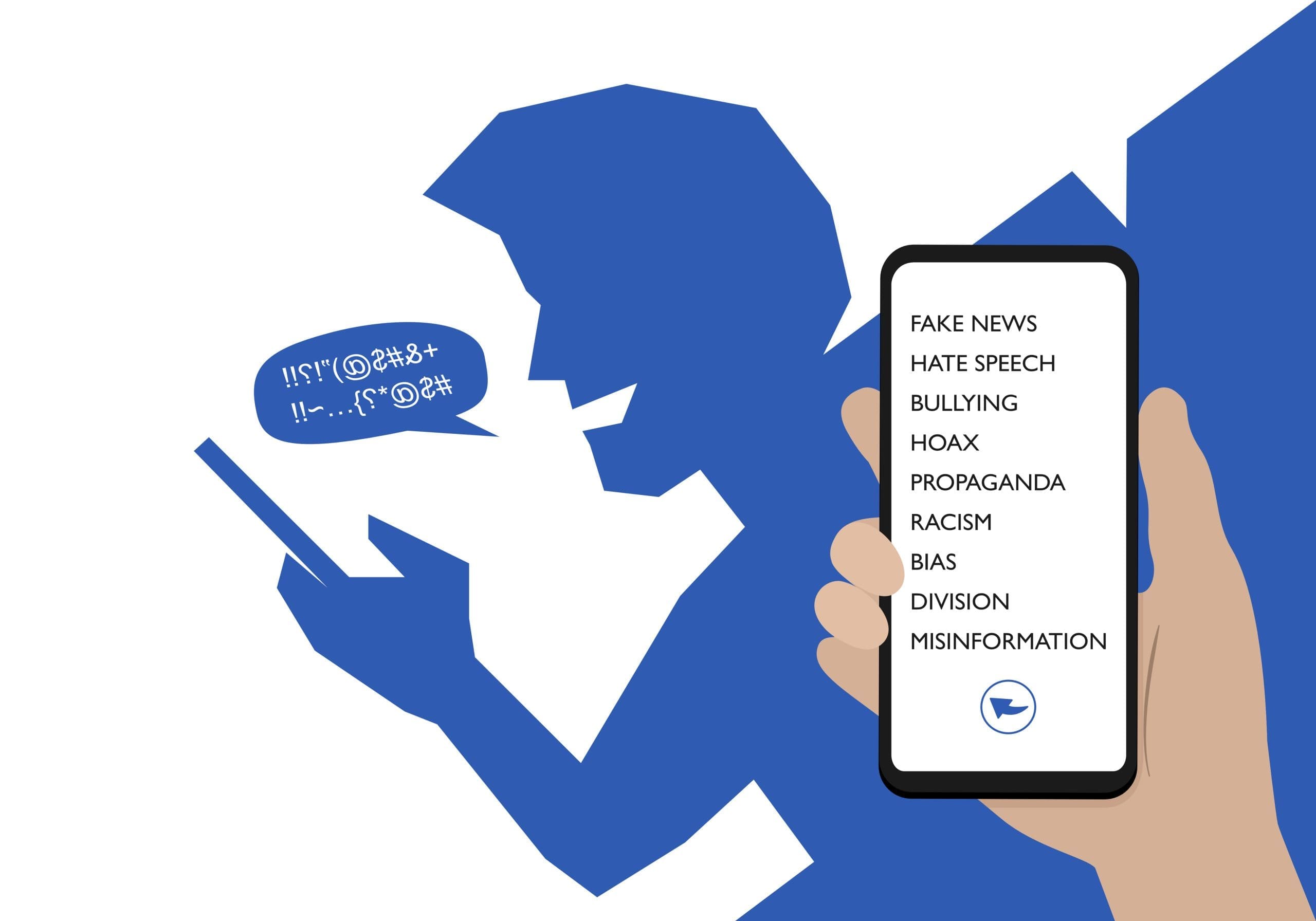 A man is holding up a phone displaying a speech bubble, suggesting potential biased information or negative news.