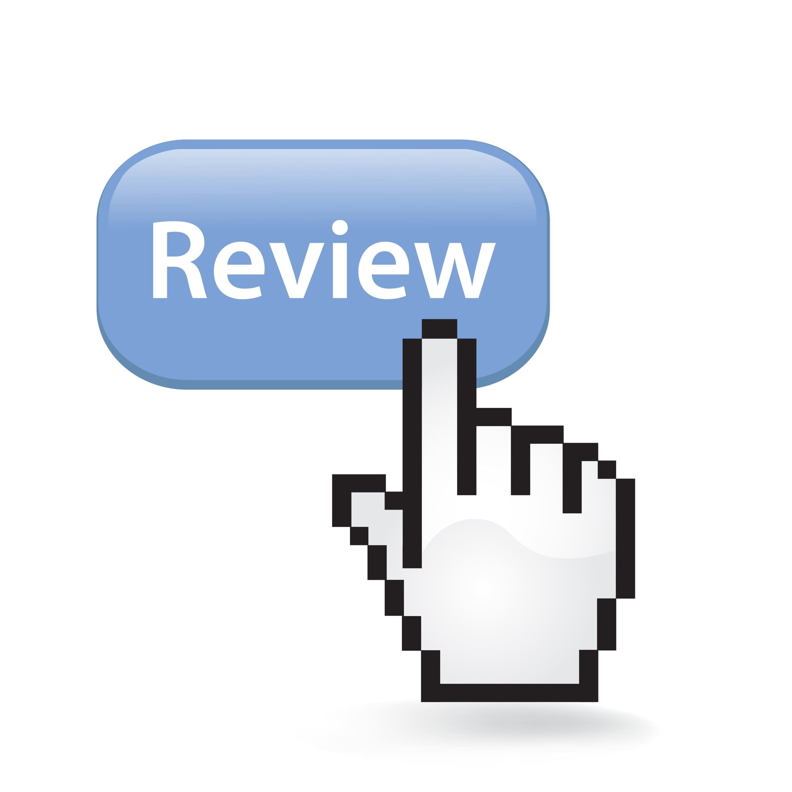 A hand is pointing at a button with the word review.