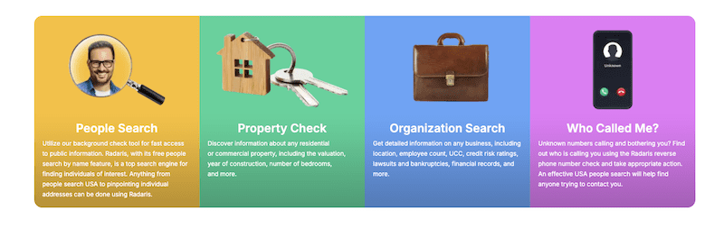 A colorful website banner with four sections—People Search, Property Check, Organization Search, and Who Called Me?—shows what Radaris is used for through icons like a magnifying glass, house keys, a briefcase, and a phone call screen.