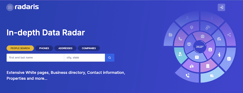 Screenshot of the Radaris website homepage featuring a search bar for people, phones, addresses, and companies—highlighting what Radaris is used for. Icons in a circular pattern on a blue background and the text "In-depth Data Radar.