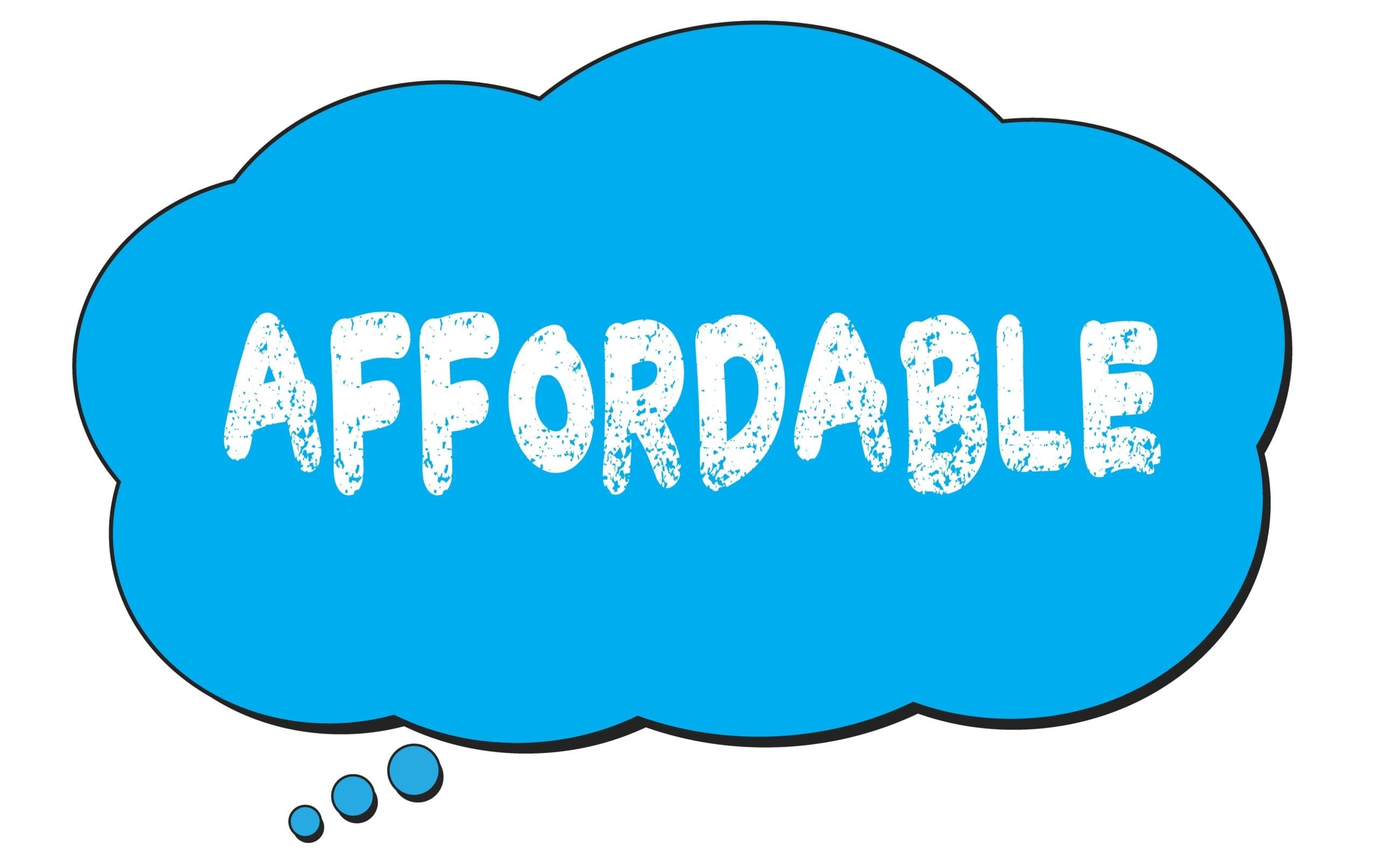 A blue speech bubble with the word affordable.