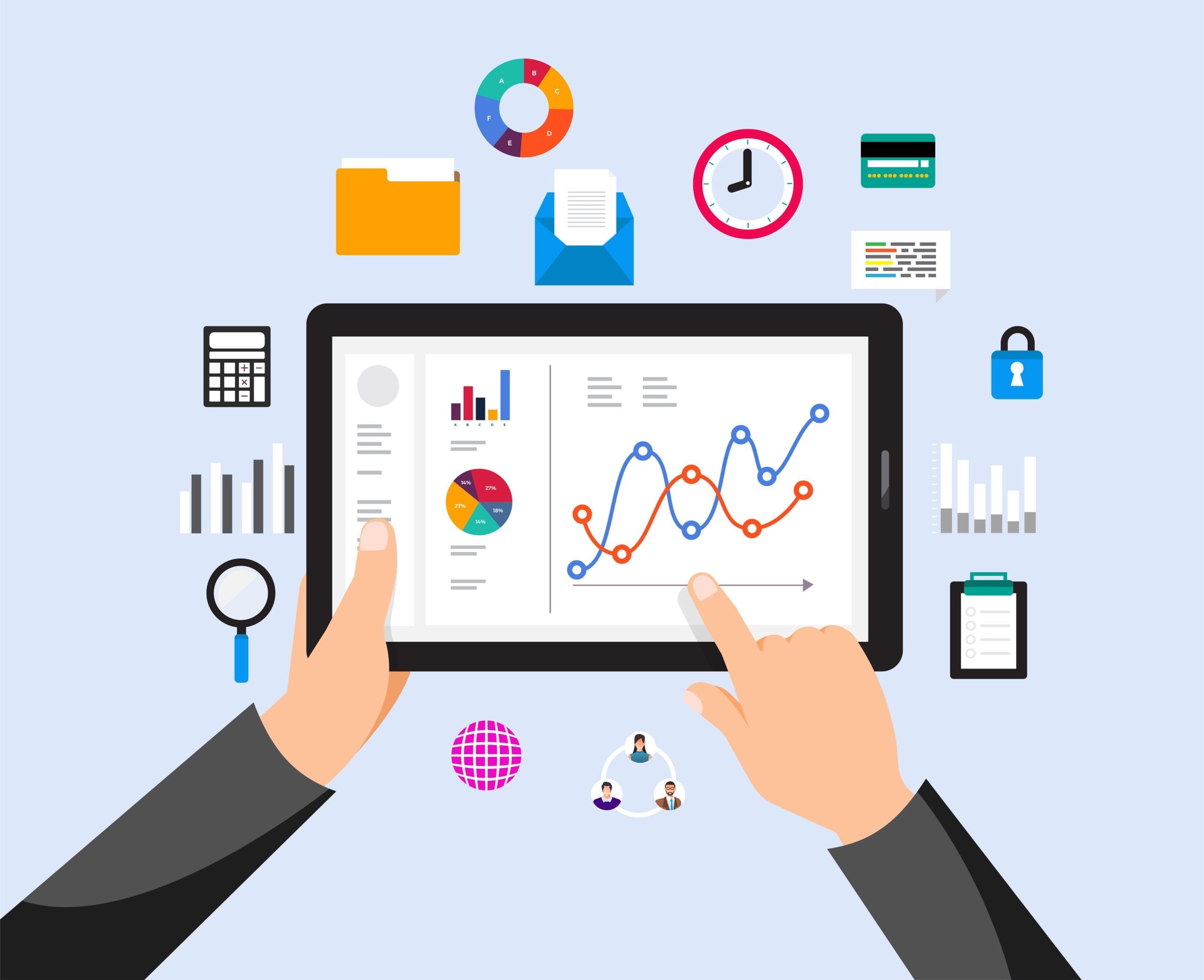 A hand holding a tablet displaying graphs and icons, showcasing the capabilities of online management services.