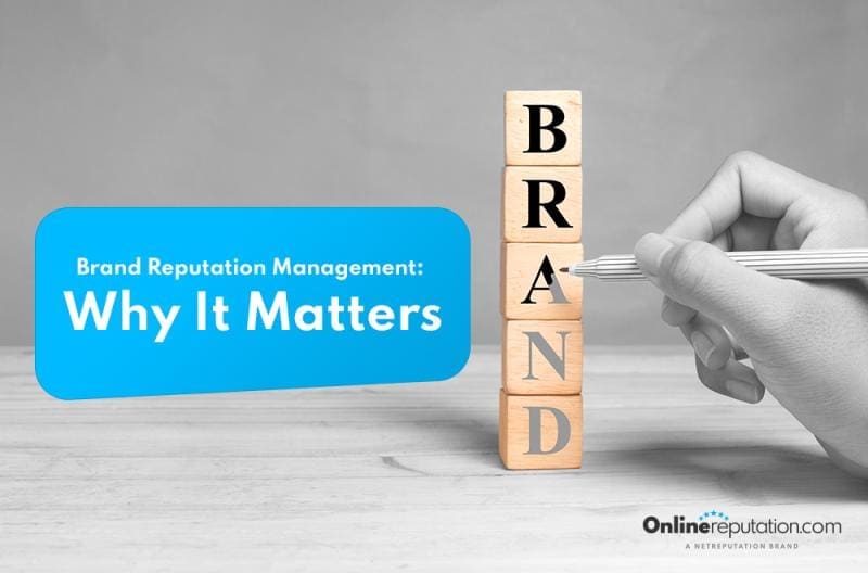 A hand completing a wooden block puzzle that spells 'brand,' symbolizing the strategic assembly of online reputation management for doctors next to a message emphasizing its importance.
