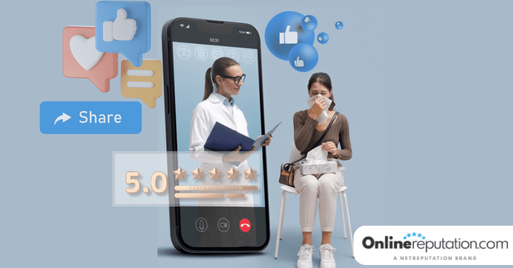 A woman is sitting on a chair with a phone in front of her, managing the online reputation for doctors.