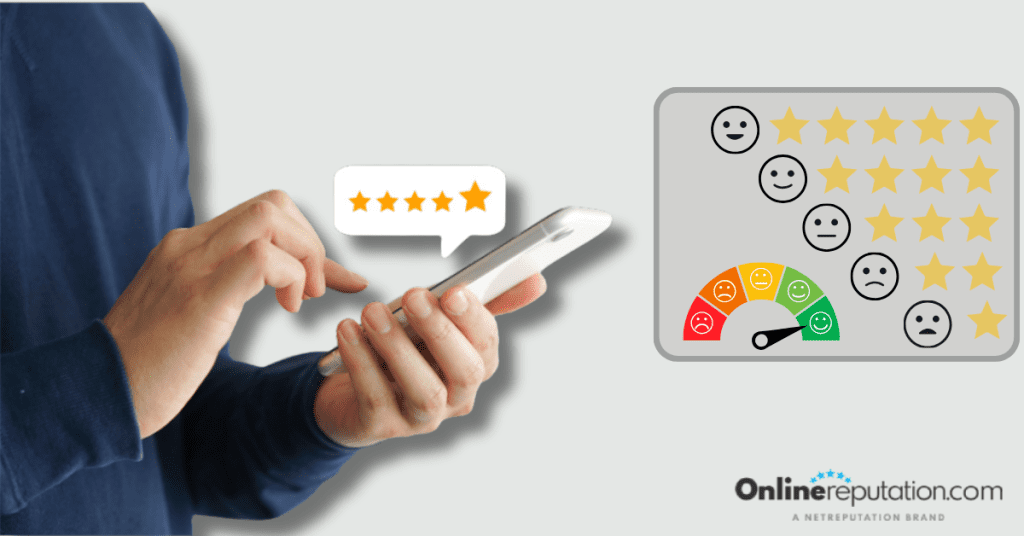 A person using a cell phone with a five star rating. Your ratings reflects your online reputation score