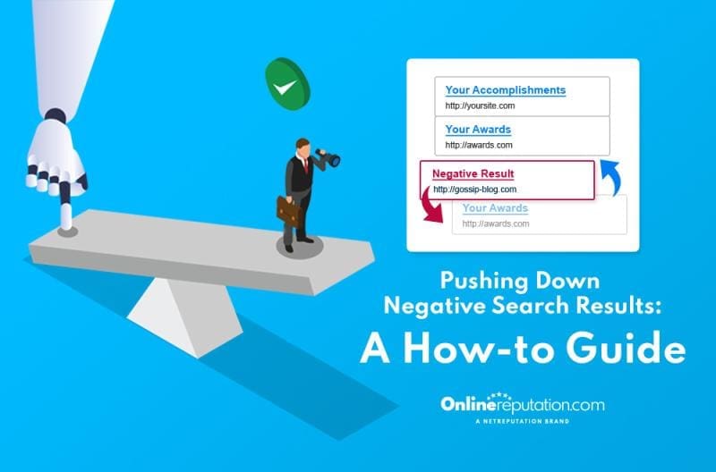 A creative illustration showing a figurative representation of managing online reputation for doctors by metaphorically 'pushing down' negative search results, as showcased by the character with a broom pushing the negative result off