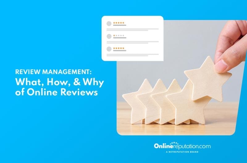 Exploring the importance of online reputation management for doctors with a hand arranging five-star ratings on a wooden background - understand the what, how, and why of online reviews with onlinereputation.com.