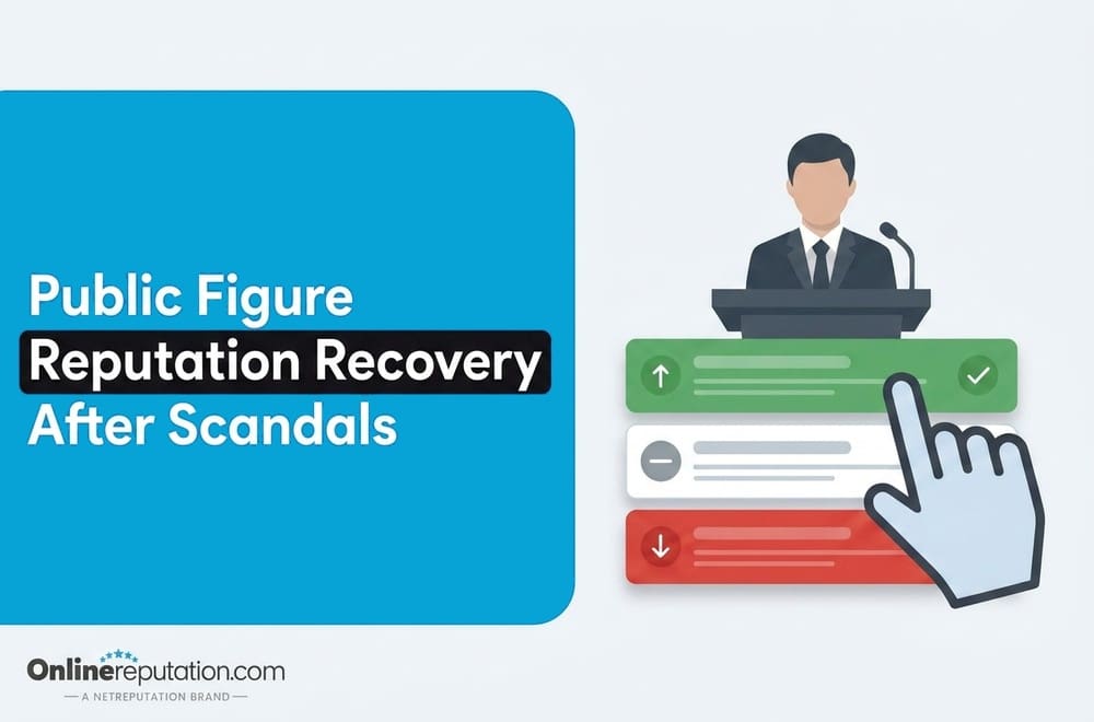 Illustration of a person at a podium, with a large hand cursor clicking a green check mark beside checklists. Text reads: “Public Figure Reputation Recovery After Scandals,” highlighting effective strategies for restoring trust and credibility. OnlineReputation.com logo at bottom left.