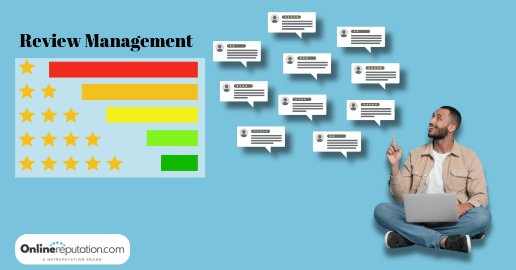 A man sitting in front of a star chart with the words review management.