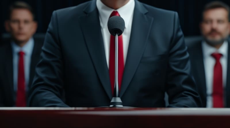 A man in a suit and red tie stands at a podium with a microphone, flanked by two other men in suits and red ties, suggesting a formal setting such as a press conference focused on reputation repair or an official hearing.