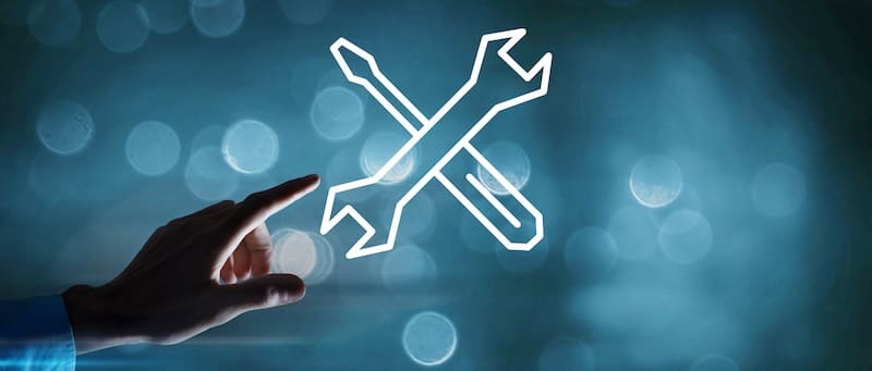 A hand points toward a glowing digital icon of a crossed wrench and screwdriver, symbolizing reputation repair tools or technical support, set against a blurred blue background with circular light effects.
