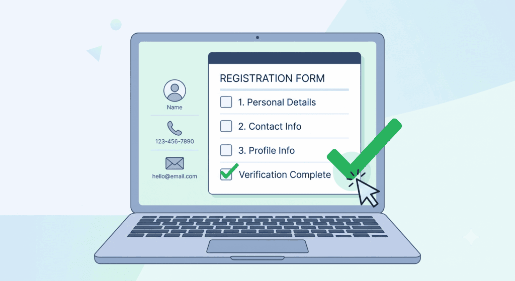 A laptop screen displays a registration form with checkboxes. "Verification Complete" is checked with a green checkmark and cursor. Contact information is shown on the left side, highlighting options such as smartbackgroundchecks opt out for enhanced privacy control.