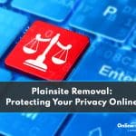 Plainsite removal: Safeguarding your privacy online" over a backdrop of a computer keyboard with a distinct red key showcasing the scales of justice symbol.