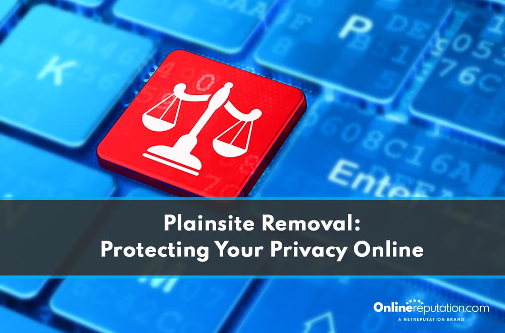 Plainsite removal: Safeguarding your privacy online" over a backdrop of a computer keyboard with a distinct red key showcasing the scales of justice symbol.