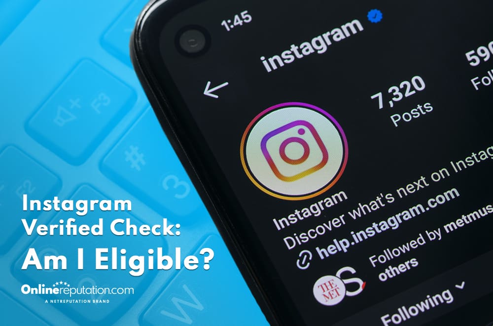 Close-up view of an Instagram Verified Check on a smartphone screen, focusing on the verified badge icon, with a text overlay asking "Instagram Verified Check: Am I eligible?