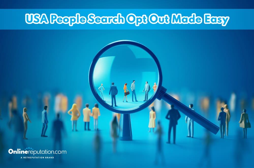 A magnifying glass focused on figurines of people in varying colors on a blue-toned background, with text at the top reading "USA people search opt out made easy.