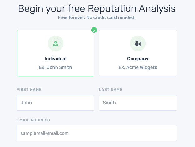Online form for a free reputation analysis using reputation tracking tools. "Individual" is selected over "Company," with example names like "John Smith" and "Acme Widgets." Fields include first name, last name, and email address.