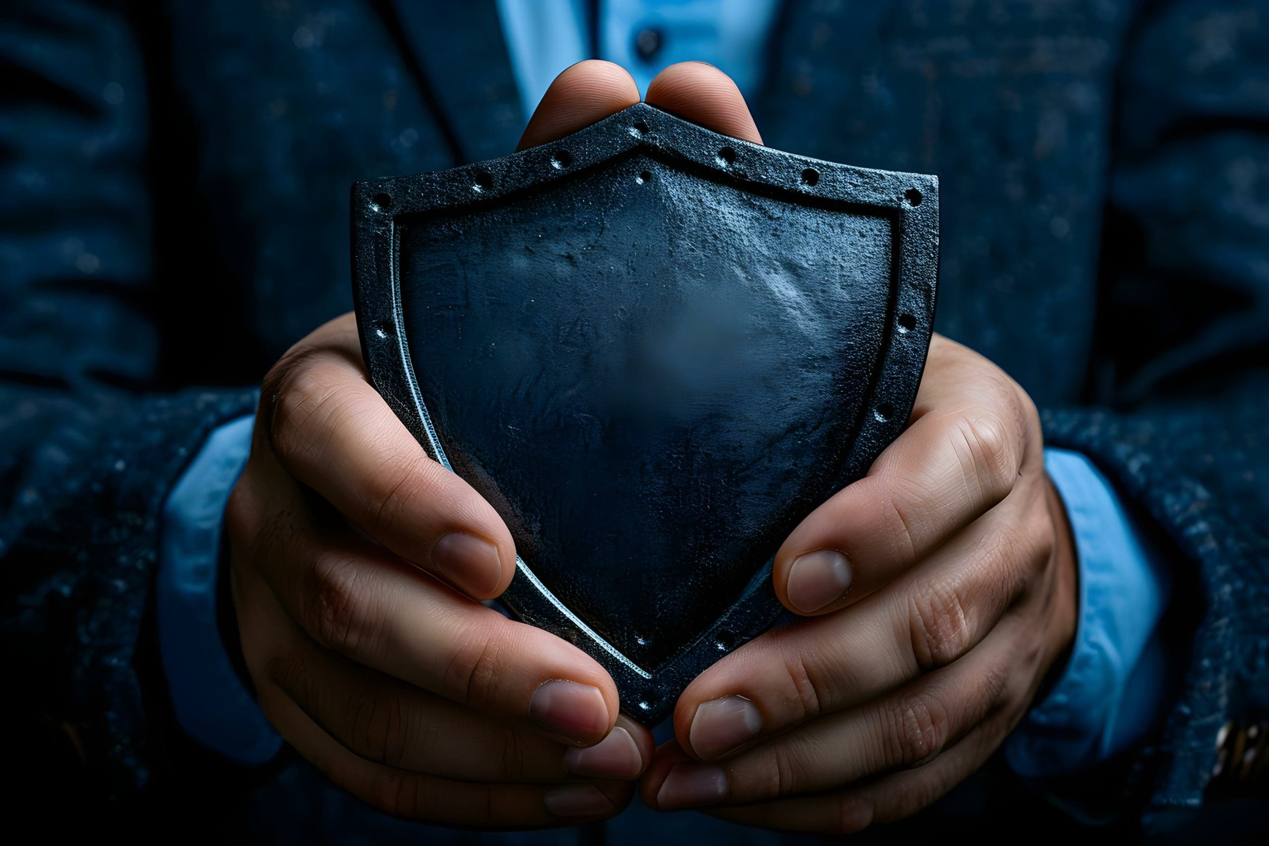A person in a dark suit holds a metallic shield emblem, symbolizing protection or authority, with their hands gently cupping it, set against a blue, textured background.