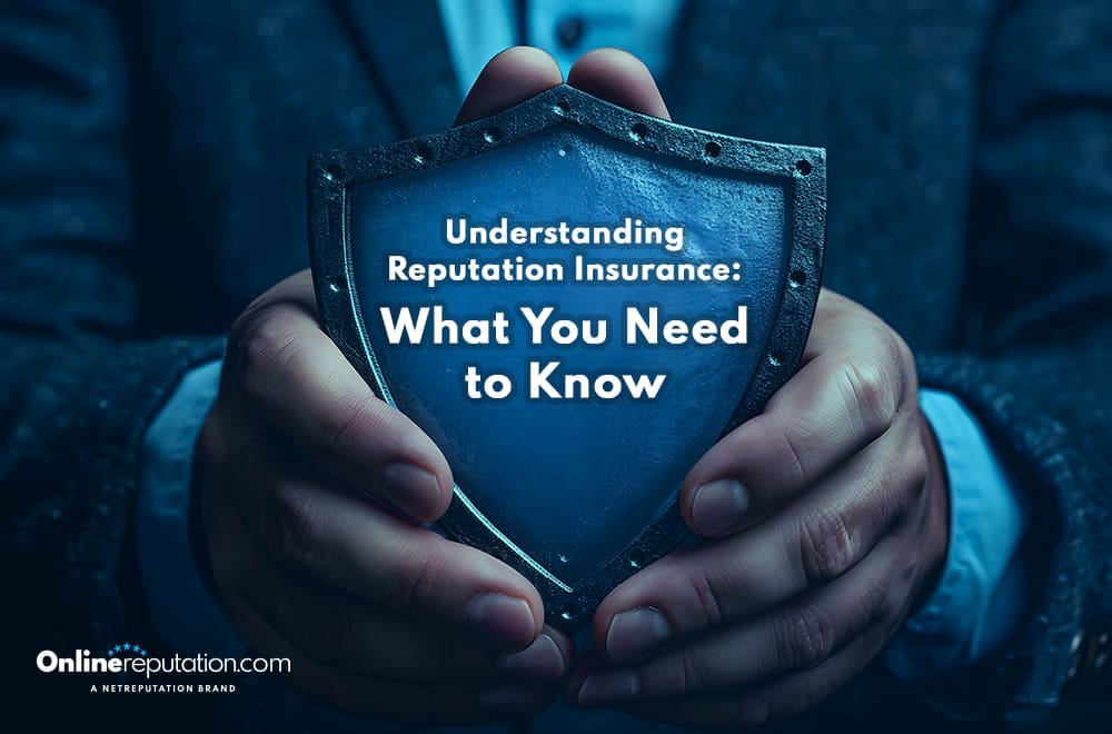 A man in a suit holds a glass shield inscribed with "understanding reputation insurance: what you need to know," presented by onlinereputation.com.