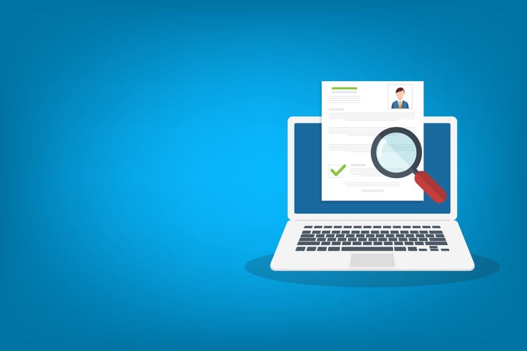 An open laptop displays a document with a profile image and text. Hovering over the document is a magnifying glass, highlighting a section with a green checkmark. The background is a gradient of blue tones.