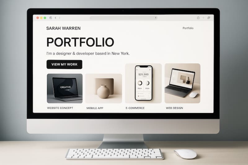 A computer monitor displays a designer’s online portfolio with the name "Sarah Warren," highlighting her job presence, a brief bio, and four portfolio categories: Website Concept, Mobile App, E-Commerce, and Web Design—each paired with an image.
