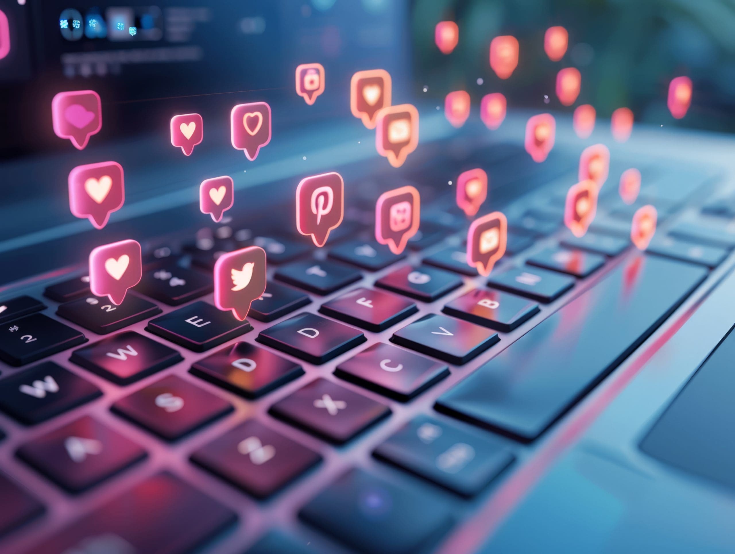 A close-up of a laptop keyboard with colorful social media icons, such as Twitter, Pinterest, and heart symbols, floating above the keys. The image is vibrant, with a mix of blue and pink hues, symbolizing online interaction and digital communication.