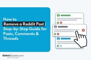 A hand cursor clicks a delete icon on a comment list in a guide titled “How to Remove a Reddit Post: Step-by-Step Guide for Posts, Comments & Threads.”