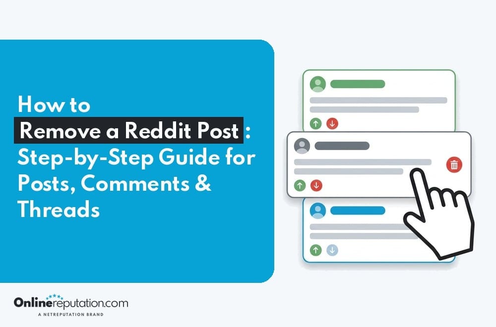 A hand cursor clicks a delete icon on a comment list in a guide titled “How to Remove a Reddit Post: Step-by-Step Guide for Posts, Comments & Threads.”