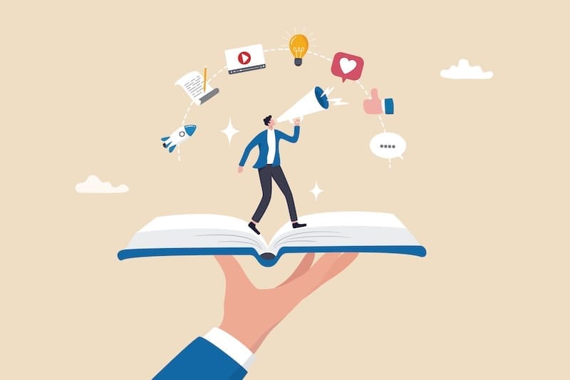 A hand holds an open book with a person standing on it using a megaphone. Icons like a lightbulb, video, chat bubbles, rocket, and Google Results symbols float above, highlighting sharing ideas and information.