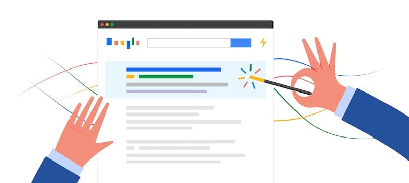 Illustration of hands interacting with Google Results; one hand holds a wand pointing at the top result, while the other makes an "OK" gesture. Colorful lines decorate the background for a lively feel.