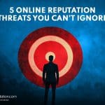 Silhouette of a person stands before a bold red target on a textured blue backdrop. Above, in striking white text: "5 Online Reputation Threats You Can’t Ignore." The OnlineReputation.com logo graces the bottom left.
