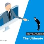 Illustration of a man in a suit standing inside a computer monitor, pointing at another man in a suit who is bowing. Text reads, "How to Apologize Online: The Ultimate Guide for mastering virtual apologies.