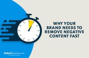A stopwatch with a yellow section on its face appears next to the text "WHY YOUR BRAND NEEDS TO REMOVE NEGATIVE CONTENT FAST." The OnlineReputation.com logo is in the bottom left, emphasizing the need to quickly remove negative content.