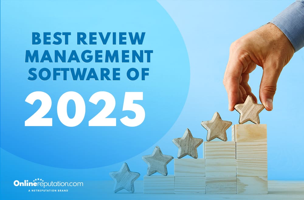 A hand places a wooden star on a staircase of blocks and stars, symbolizing growth, with text reading "Best Review Management Software of 2025" on a blue background. Discover the best review management software for your business.