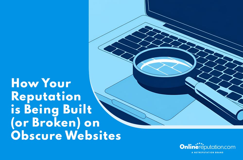 Illustration of a magnifying glass on a laptop keyboard, highlighting the text: “How Your Reputation is Being Built (or Broken) on Obscure Websites.” OnlineReputation.com logo appears in the bottom right corner.