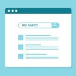 Illustration of a search engine interface on a light blue background. The screen displays a search bar with "my search" entered and a magnifying glass icon. Below are three abstract search results with lines representing text and small square icons.