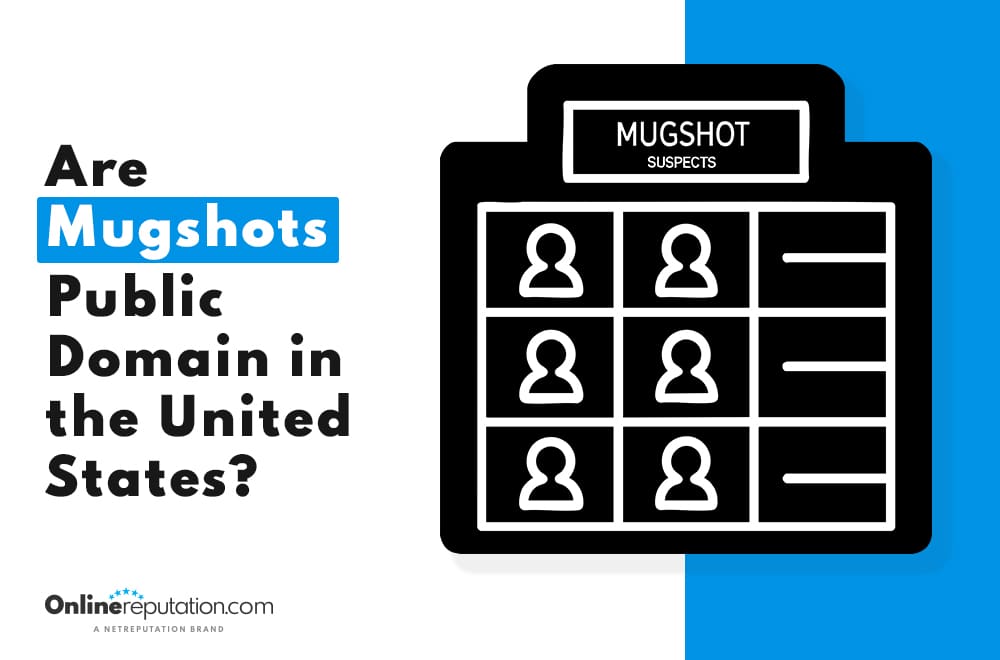 Graphic with the text “Are Mugshots Public Domain in the United States?” next to an icon labeled “Mugshot Suspects,” visually exploring whether mugshots are public information in the U.S.