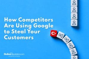 White dice with the word "Do" form a curved line on a blue background. A red dice with a magnet icon breaks the line, highlighting how competitors are using Google to steal your customers.