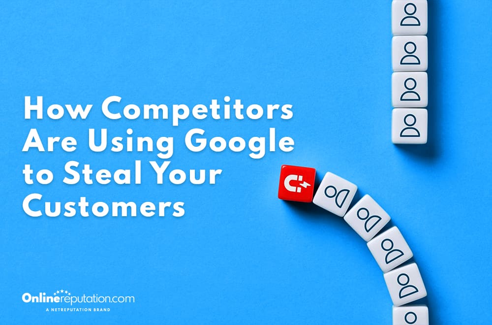 White dice with the word "Do" form a curved line on a blue background. A red dice with a magnet icon breaks the line, highlighting how competitors are using Google to steal your customers.