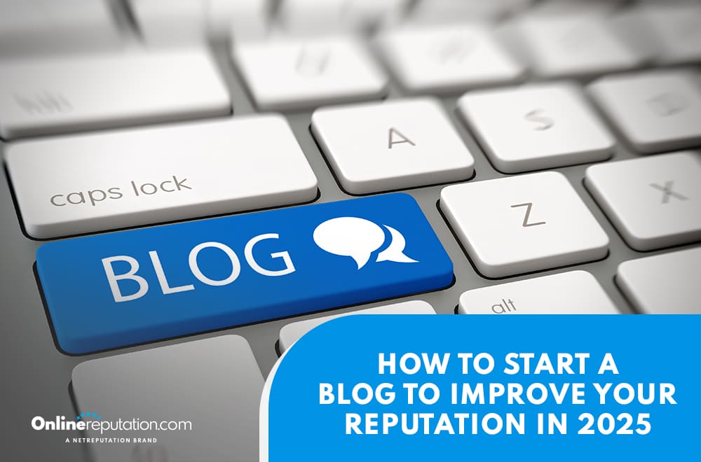 A close-up of a computer keyboard with a large blue “BLOG” key; text overlay reads "How to start a blog and improve your reputation in 2025," with the OnlineReputation.com logo in the corner.
