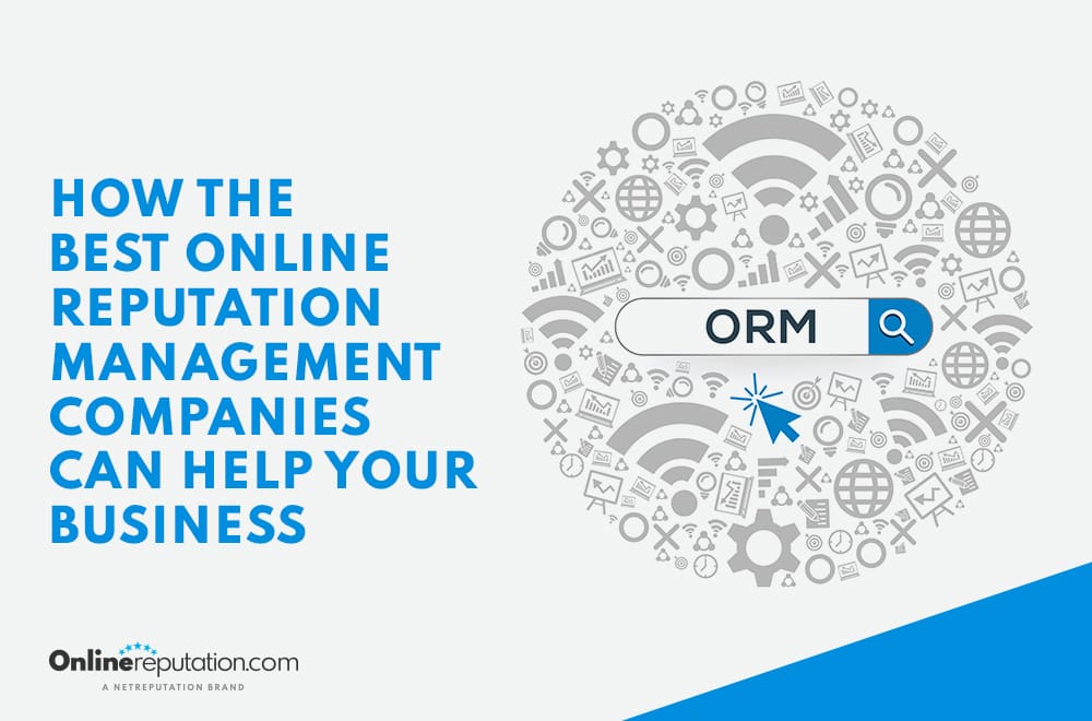 Blue and white graphic with the text "How the best online reputation management companies can help your business," featuring a search bar with "ORM" and internet-themed icons encircling it.