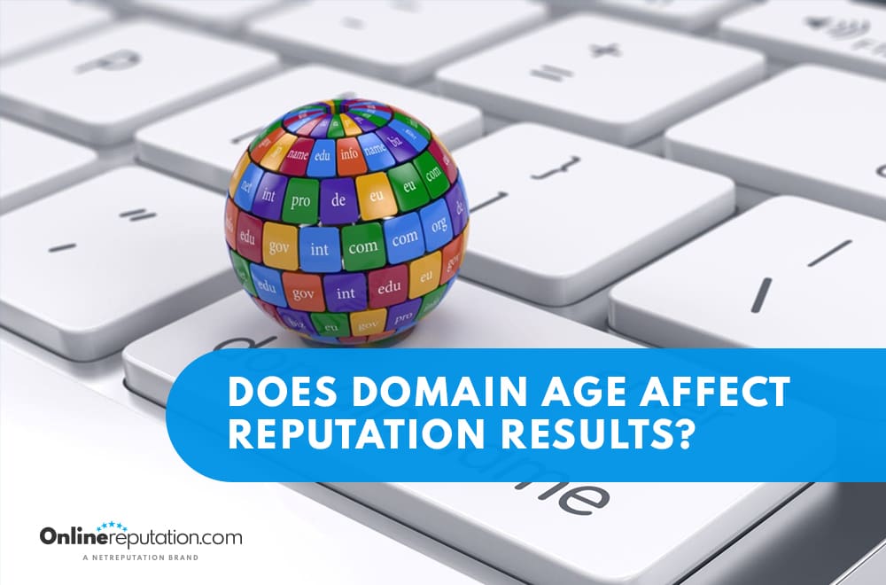A colorful globe made of domain extension labels sits on a white computer keyboard. A blue banner asks, "Does Domain Age affect reputation results?" The OnlineReputation.com logo appears at the bottom left.